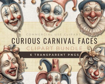 May include: A collection of six vintage-style carnival face illustrations. Each face features a painted clown design with exaggerated features, including red noses and smiling mouths. The text "CURIOUS CARNIVAL FACES" and "CLIPART BUNDLE" is visible.