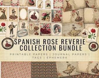 Spanish Rose Journal Pages & Ephemera Bundle | Vintage Chic Digital Download