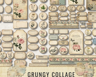 Grungy collage ephemera kit, vintage junk-dagboeklabels, noodlijdende labels (digitale download)