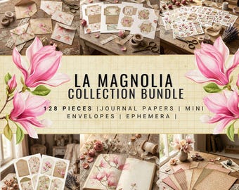 La Magnolia Junk Journal-bundel, vintage bloemen digitale kit, shabby chic ephemera (digitale download)