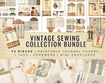Vintage Sewing Journal Kit | Printable Fashion Ephemera Bundle | Seamstress Printable papers |  Theme Craft Supplies