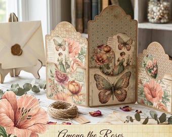 Vintage Floral Folio Kit, Junk Journal Ephemera, Rose Pocket Folio (3 pdf-bestanden)