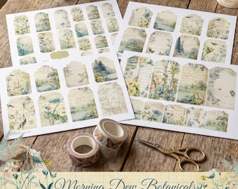 Afdrukbare cadeaukaartjes, vintage papier, etiketten met blauwe bloemen, digitaal vel