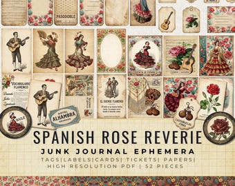 Spanish Rose Junk Journal Ephemera Kit | Fussy Cut Vintage Labels, Tags (52 Pieces)