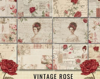 Vintage Rose Journal Cards, Victorian Botanical Ephemera Kit (PDF Download)