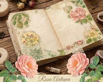 Rosa Antiqua Vintage botanische dagboekpapieren, plakboek-collagevellen (digitale download)