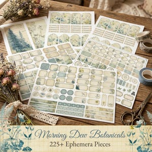 Könnte beinhalten: Mehrere Bögen mit Papier-Ephemera, die botanische Illustrationen, Etiketten im Vintage-Stil und Anhänger in gedämpften Blau-, Grün- und Cremetönen zeigen. Die Sammlung umfasst verschiedene rechteckige und ovale Formen sowie florale Motive.