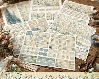 Morning Dew Botanische ephemera, vintage bloemenlabels, Shabby Chic Junk Journal-benodigdheden (afdrukbare download)
