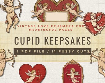 Vintage cupido-ephemera - romantisch rommeldagboek, Valentijnsdag-clipart (pdf-patroon)