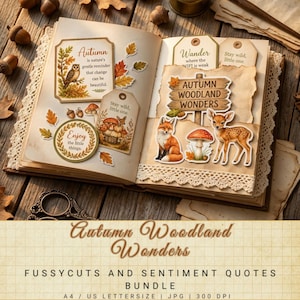 Autumn Woodland Wonders Junk Journal Kit, Woodland Animals, Fussy Cuts (Digital Download)