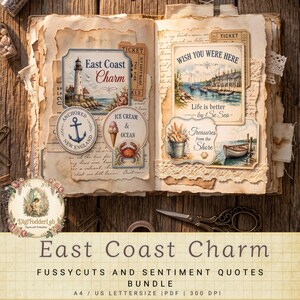Op de afbeelding: Een verzameling papieren ephemera in vintage-stijl met nautische thema's, waaronder een vuurtoren, een anker, een krab en een ijshoorntje. De set bevat decoratieve labels met teksten zoals East Coast Charm, Wish You Were Here en Treasures from the Shore, gerangschikt op verouderde, getextureerde papieren pagina's.