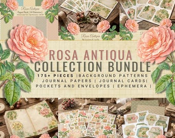 Rosa Antiqua Junk Journal Kit, vintage botanische ephemera-pakket (digitale download)