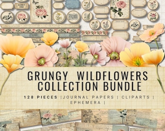 Grungy wilde bloemen clipartbundel, kit voor noodlijdende ephemera, digitaal papierpakket