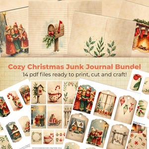 May include: A collection of printable Christmas-themed ephemera for junk journals. The images include illustrations of carolers, a mailbox, a fireplace, and various tags and decorative elements. The text reads "Cozy Christmas Junk Journal Bundel".