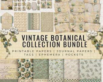 Vintage Botanical Collection Bundle | Shabby Chic Junk Journal Kit | Sage Green Floral Prints