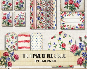 Vintage rode rozen blauwe viooltjes Ephemera Kit | Junk Journal Botanical Shabby Chic (digitale download)