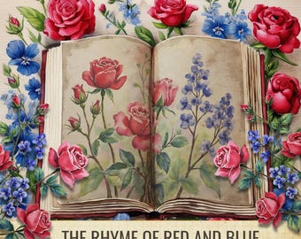 Rode rozen en blauwe bloemen ongewenste dagboekpagina's | Vintage botanisch, shabby chic (digitale download)