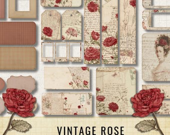 kit vintage Rose Ephemera, étiquettes de carnets Shabby Chic, embellissements de scrapbooking (téléchargement numérique)