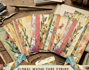 Floral Washi Tape Strips, Botanical Journal Snippets, Pastel Garden Scrapbook Borders (Digital Download)