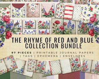 Red Blue Roses Bluebells Junk Journal Kit | Victorian Floral Ephemera Bundle (Digital Download)