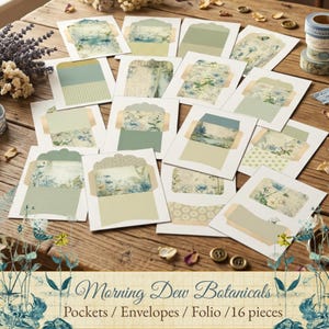 Puede incluir: Una colección de dieciséis sobres y bolsillos de papel con ilustraciones botánicas en tonos azul, verde y crema. El conjunto incluye varios patrones florales, texto manuscrito y diseños geométricos, etiquetados como Morning Dew Botanicals.
