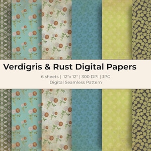 Op de afbeelding: Een verzameling van zes digitale papieren met verschillende patronen en kleuren. De papieren bevatten bloemen-, geometrische en effen ontwerpen in tinten groen, blauw, geel en bruin. Elke vel is 30.48 cm x 30.48 cm en heeft een digitaal naadloos patroon. De tekst luidt "Verdigris & Rust Digital Papers".