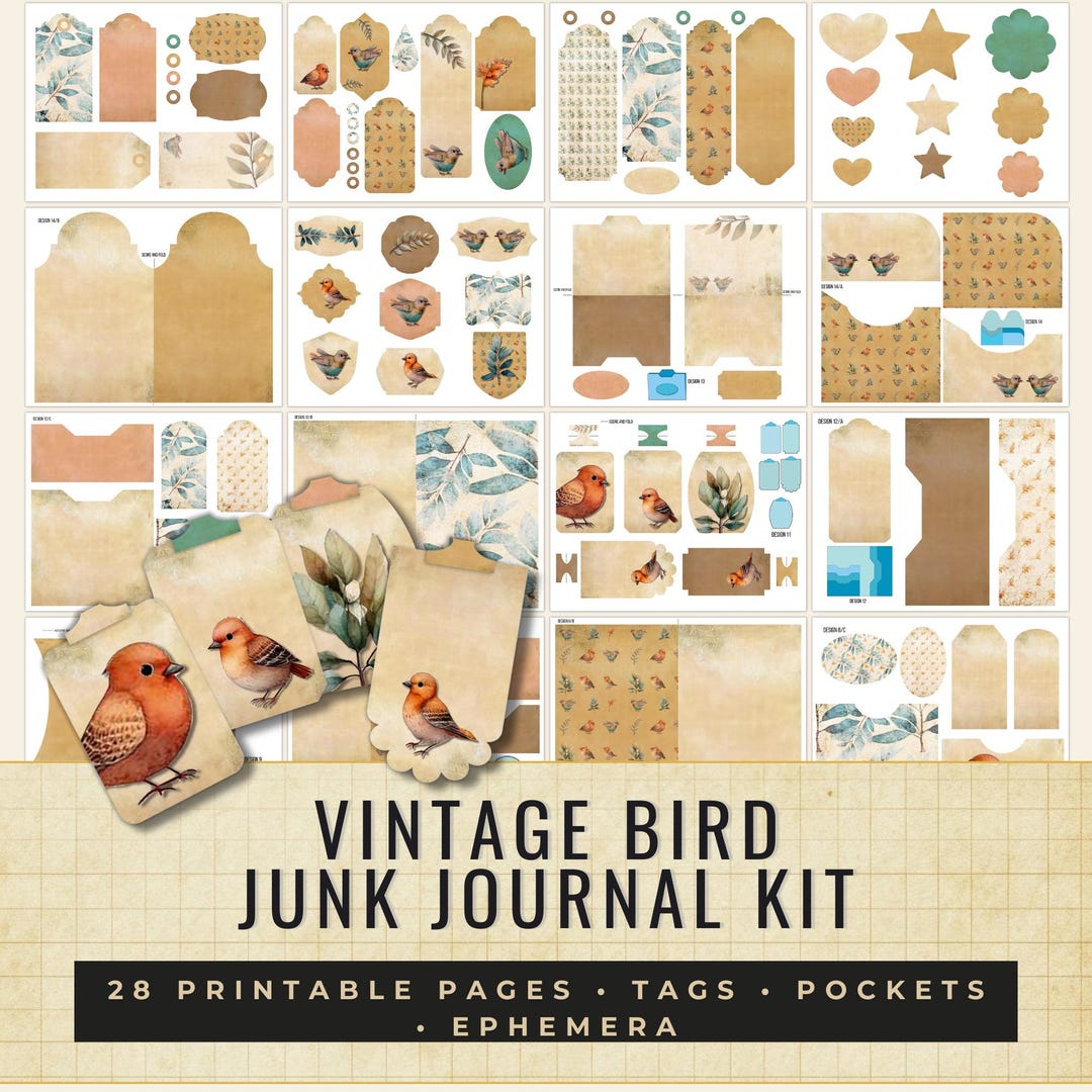 Vintage Bird Junk Journal Kit – Printable Ephemera, Tags, Pockets ...