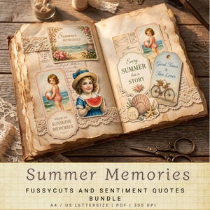 Op de afbeelding: Een open vintage boek met zomerse papieren decoraties, waaronder uitgestanste afbeeldingen van kinderen met strandballen en watermeloen, schelpillustraties en labels met teksten zoals Summer Memories en Good Times & Tan Lines.