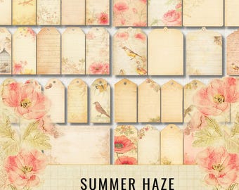 Summer Haze Floral Tags, Shabby Chic Junk Journal Ephemera (Digital Download)
