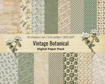 Vintage Botanical Digital Paper Pack | Sage Green Floral Journal Pages (Digital Download)