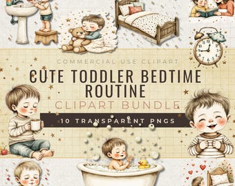 Clipartbundel voor bedtijdroutine voor peuters: aquarel, png, pdf (digitale download)