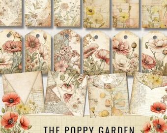 Poppy Garden-mini-enveloppen en -labels, Botanical Junk Journal Ephemera (digitale download)