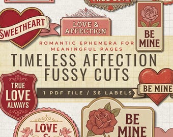 Valentijnsdag plakboekafbeeldingen, romantische ephemera afdrukbare labels, vintage ephemera, kit voor ongewenste logboeken