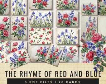 Het rijm van rode en blauwe ATC-kaarten | Floral Junk Journal Ephemera (digitale download)