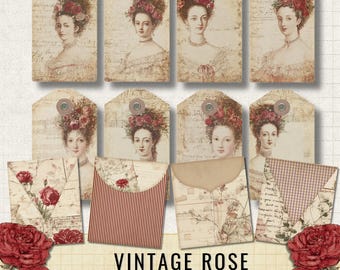 Mini-enveloppes et étiquettes roses vintage | Fournitures pour travaux manuels Shabby Chic Scrapbook (téléchargement numérique)