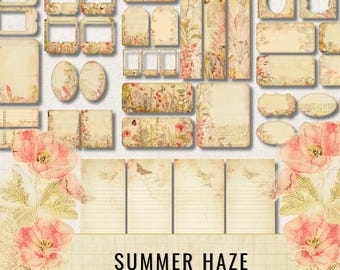 Summer Haze Junk Journal Ephemera Kit, Shabby Chic Floral Printable Pockets Tags (Digital Download)