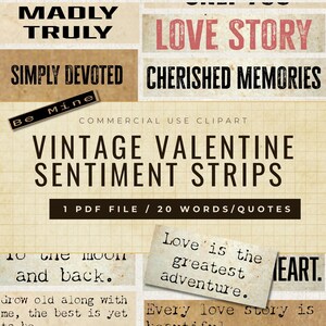 Op de afbeelding: Een verzameling vintage Valentijnsdag sentiment strips met zinnen als "Love Story" en "Cherished Memories". De afbeelding bevat de tekst "Vintage Valentine Sentiment Strips" en "1 PDF File / 20 Words/Quotes."
