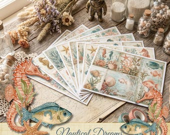 Junkjournaalkaarten kustephemera, afdrukbare journalingset, Sea Life plakboek digitaal