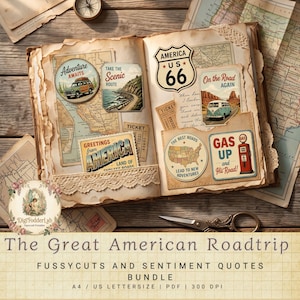 Op de afbeelding: Een open plakboek in vintage-stijl met diverse papieren uitknipsels met reisthema, waaronder een Route 66-bord, een kaart van de Verenigde Staten, een vintage camper en een benzinepomp. De pagina's hebben een geschulpte rand en kanten afwerking.