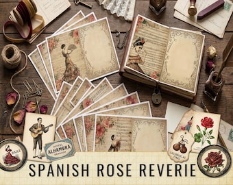 Spanish Rose Reverie Junk Journal Papers – Vintage Chic Floral Scrapbook Paper (Digital Download)