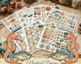 Junk Journal Kit Nautische afdrukbare kortstondige, digitale download, kieskeurige snijelementen