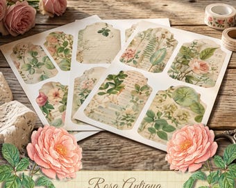 Afdrukbare cadeaukaartjes, Rosa Antiqua-tags, vintage roos, digitaal kortstondig