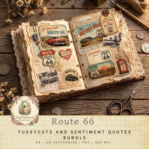 Op de afbeelding: Een open plakboek met papieren uitknipsels in Route 66-thema, waaronder illustraties van oldtimers, verkeersborden en woestijnlandschappen. De pagina's bevatten teksten zoals Get Your Kicks, The Mother Road en Greetings from Route 66, versierd met lavendeltakjes.
