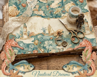Ocean Journal Paper, coastal printable set, blue distressed pages