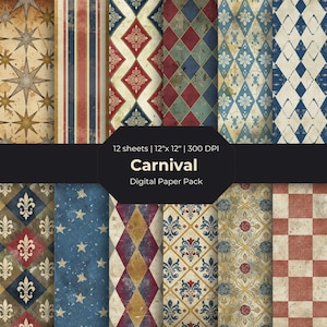 May include: A digital paper pack featuring 12 sheets with various vintage-style patterns. Designs include stars, stripes, diamonds, and floral motifs in colors of red, blue, gold, and cream. Each sheet measures 12" x 12" and has a resolution of 300 DPI. The pack is titled "Carnival".