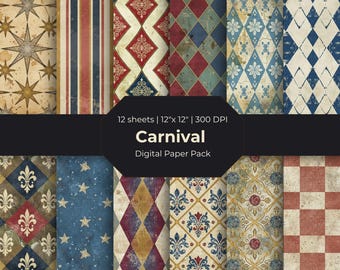 Carnival Digital Paper Pack - naadloze vintage diamant- en ginghampatronen JPG voor ongewenste tijdschriften