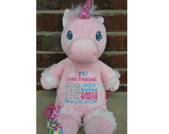Cachorros de peluche personalizados para bebés - Unicornio rosa - Bordado - Animales de peluche - Anuncio de nacimiento - Regalo para bebé - Datos de nacimiento