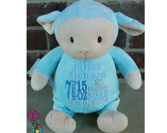 Cachorros de peluche personalizados - Cordero azul - Bordados - Animales de peluche - Anuncio de nacimiento - Regalo para bebé - Datos de nacimiento