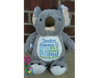 Cachorros de peluche personalizados con forma de koala - Koala - Bordado - Animales de peluche - Anuncio de nacimiento - Regalo para bebé - Datos de nacimiento