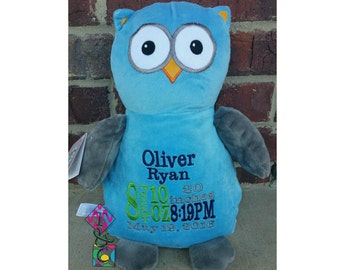 Cachorros de peluche personalizados para bebé - Búho niño - Bordado - Animales de peluche - Anuncio de nacimiento - Regalo para bebé - Datos de nacimiento